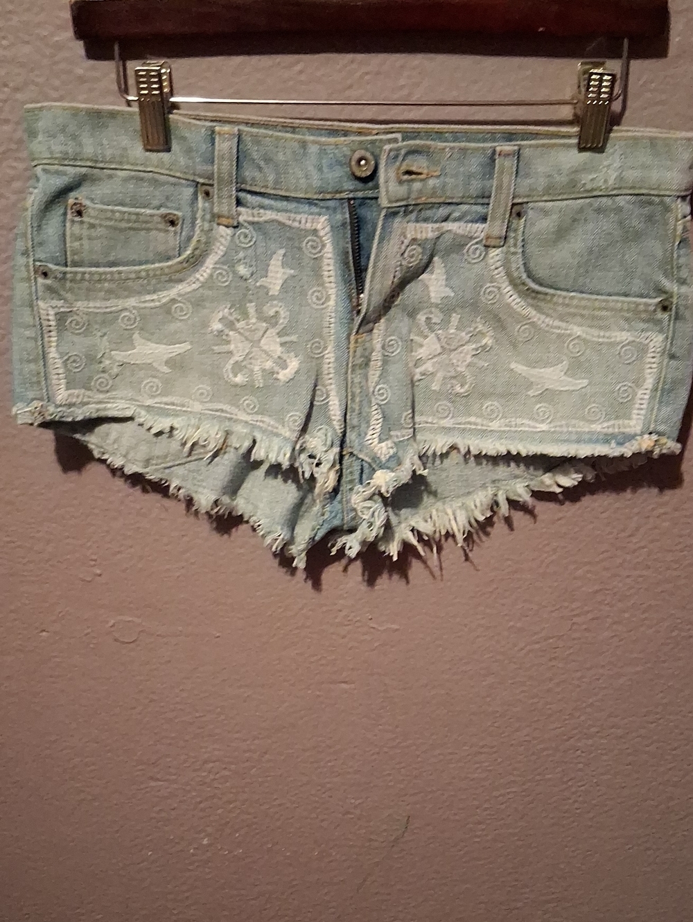 LF Light Wash Embroidered Frayed Denim Shorts